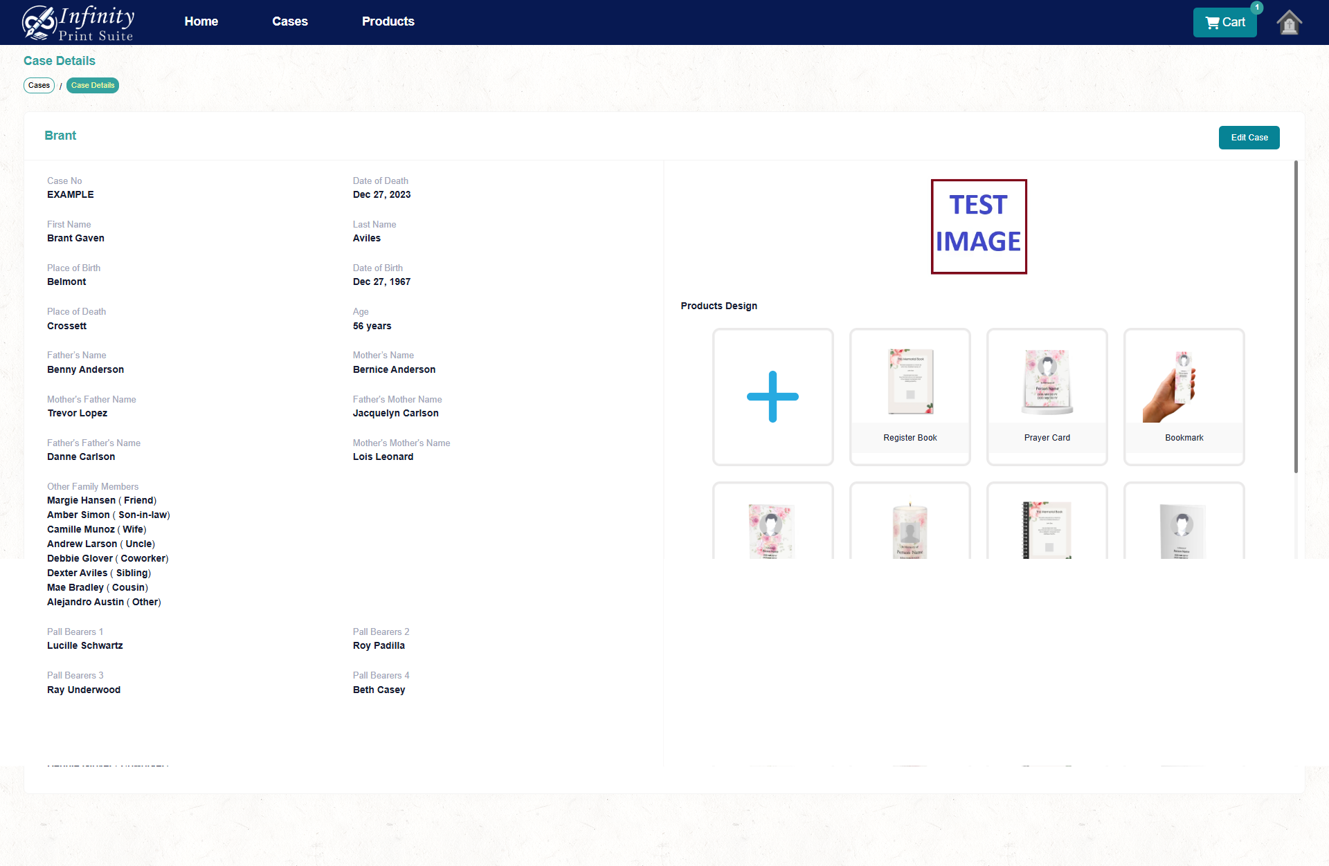 Case Details and Print Products selection