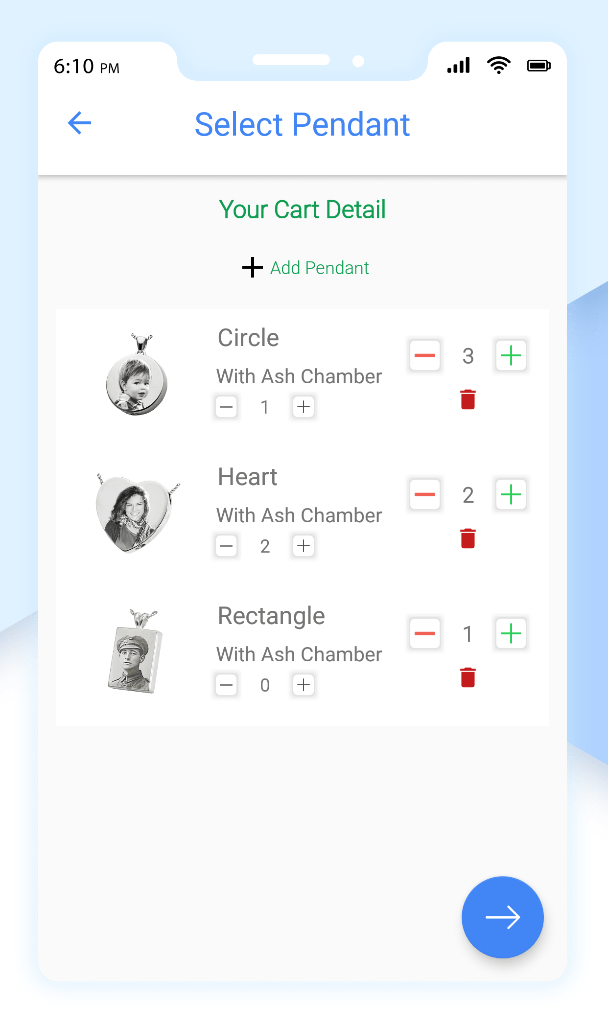 Pendant selection screen