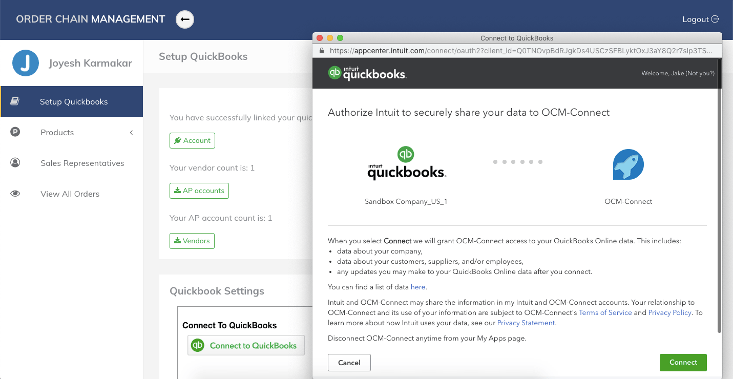 QuickBooks API integration screen