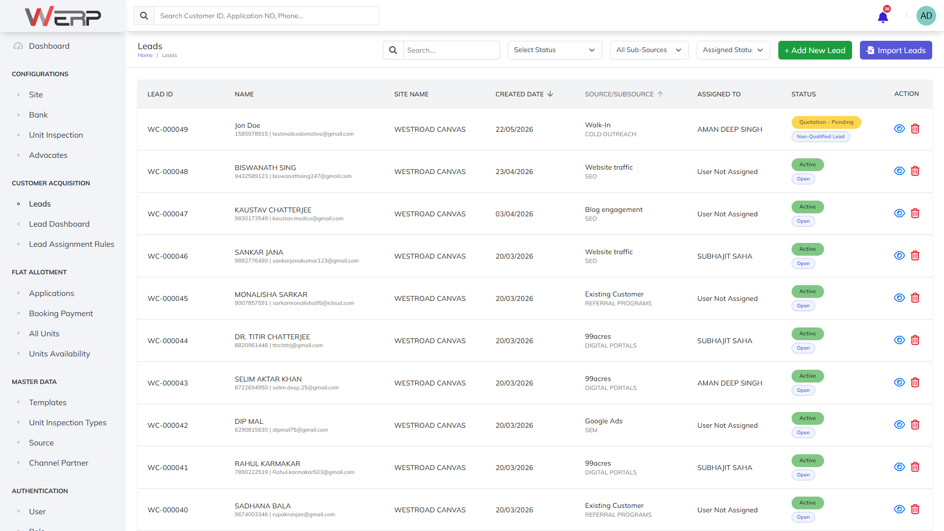 Leads List screen